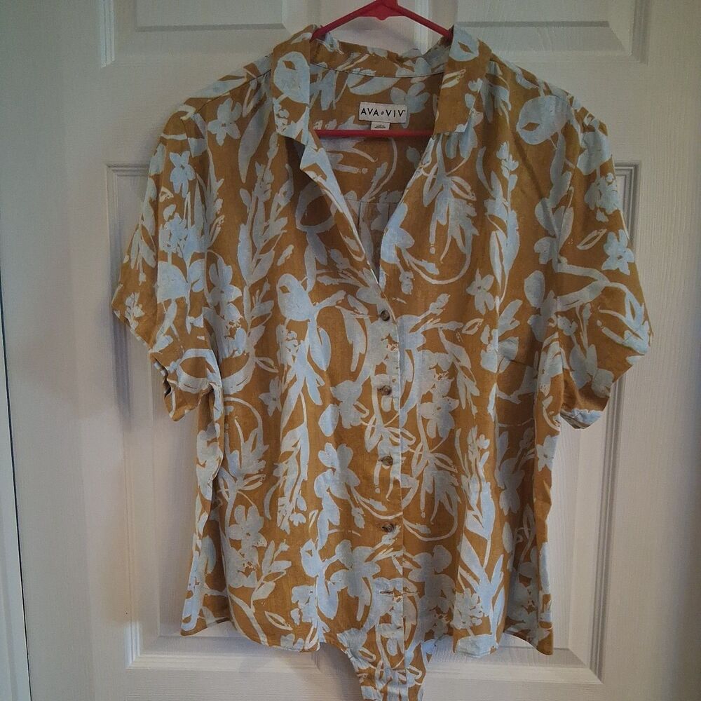 Ava & Viv 1X Linen Blend Tie Up Collared Blouse Gold & Pale Blue Floral Design